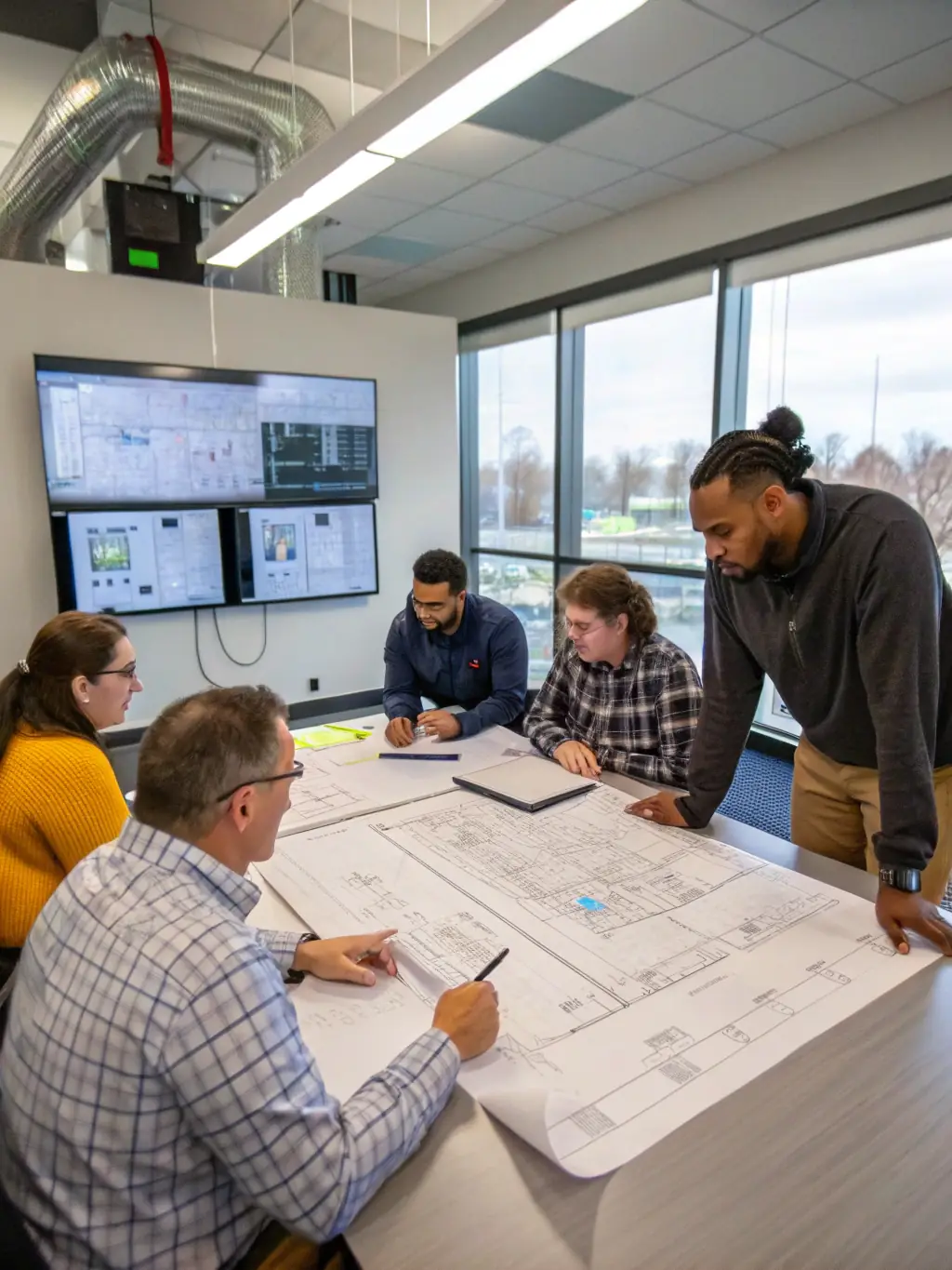 Engineers collaborating over technical blueprints and modification plans, showcasing Aircraft Digital's Engineering Solutions.